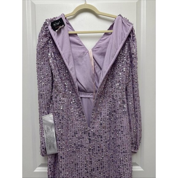 Mac Duggal Size 8 Purple 107641 Sequined Puff Sleeve V Neck Midi Cocktail Dress - Picture 10 of 12